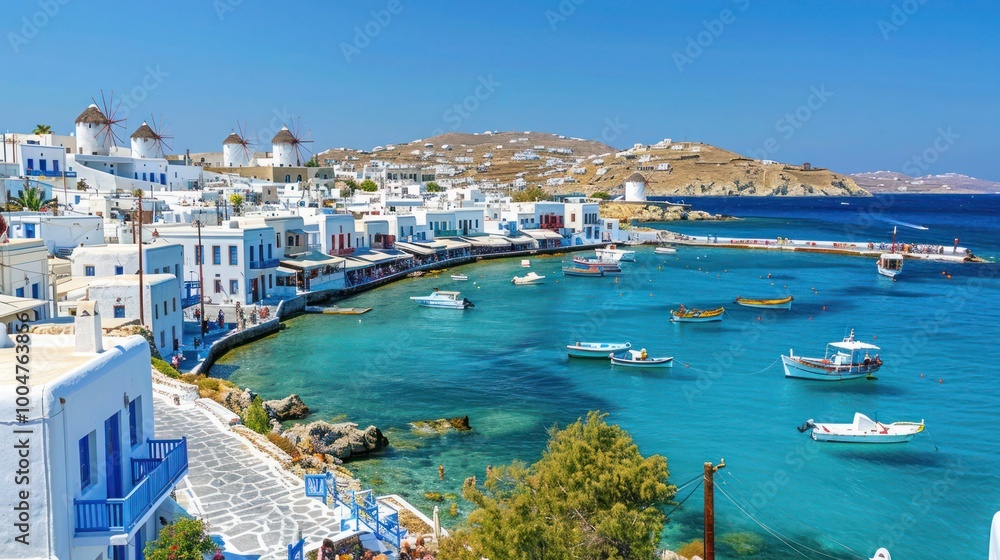 Aerial View of Mykonos, Greece: Traditional Cycladic Architecture, Whitewashed Houses, Turquoise Harbor, Iconic Windmills, Mediterranean Sea, Summer Vacation, Historic Orthodox Chapels, Scenic Island Aerial View of Mykonos, Greece: Traditional Cycladic Architecture, Whitewashed Houses, Turquoise Harbor, Iconic Windmills, Mediterranean Sea, Summer Vacation, Historic Orthodox Chapels, Scenic Island