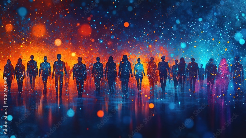 A vibrant, colorful scene featuring silhouettes of diverse individuals against a backdrop of glowing lights and shimmering effects. A vibrant, colorful scene featuring silhouettes of diverse individuals against a backdrop of glowing lights and shimmering effects.