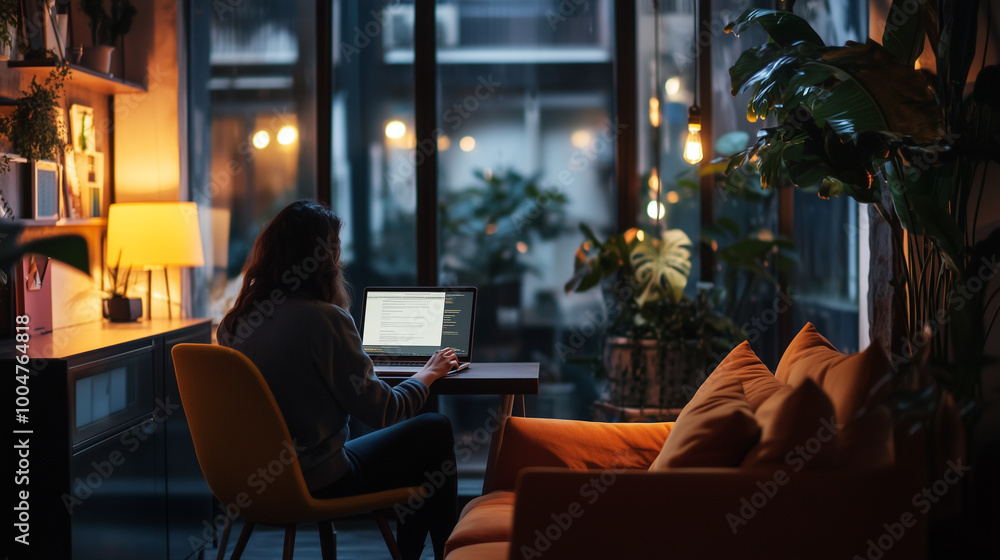 Persona di spalle che lavoro al pc davanti a un panorama di notte Persona di spalle che lavoro al pc davanti a un panorama di notte
