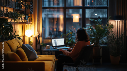 Persona di spalle che lavoro al pc davanti a un panorama di notte