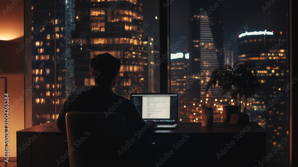 Persona di spalle che lavoro al pc davanti a un panorama di notte Persona di spalle che lavoro al pc davanti a un panorama di notte