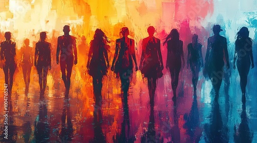 A vibrant and colorful abstract image featuring silhouettes of people against a stunning backdrop.