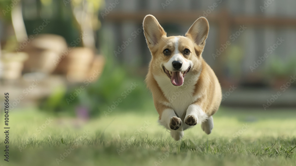 Happy corgi dog running on green grass with blurry background, outdoor fun concept Happy corgi dog running on green grass with blurry background, outdoor fun concept