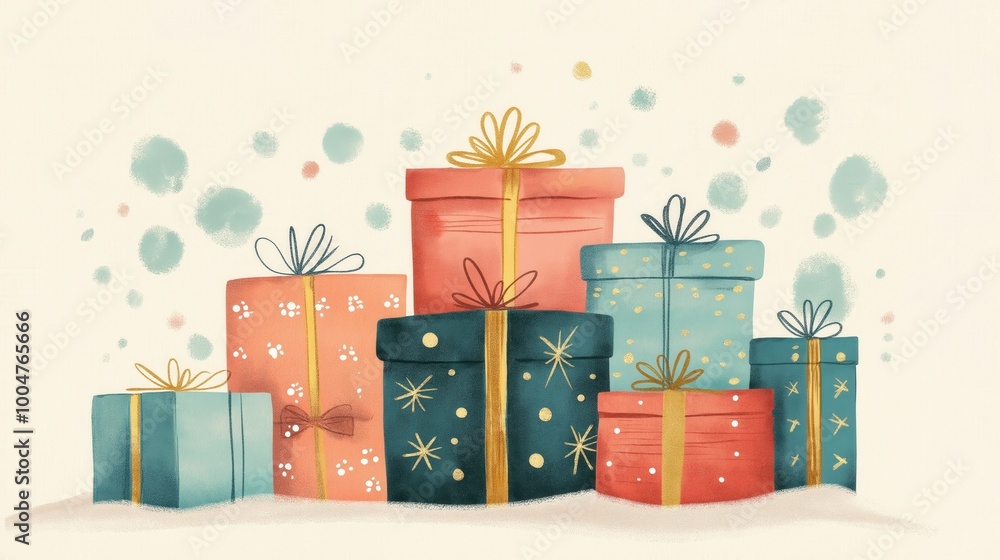 Obraz premium Watercolor Christmas gift boxes with ribbons and pine branches in soft festive design