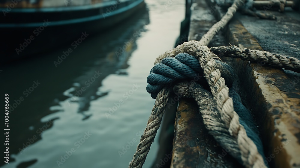 Fototapeta premium Close-up of a thick rope tied to a dock, with a boat in the background and rippling water.