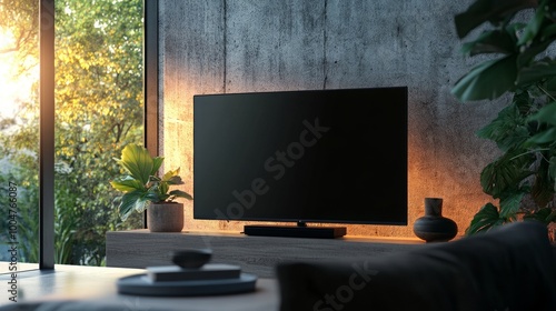 LED TV set on a table in a minimalist living room, featuring a blank screen, perfect for showcasing advertisements or content.  photo