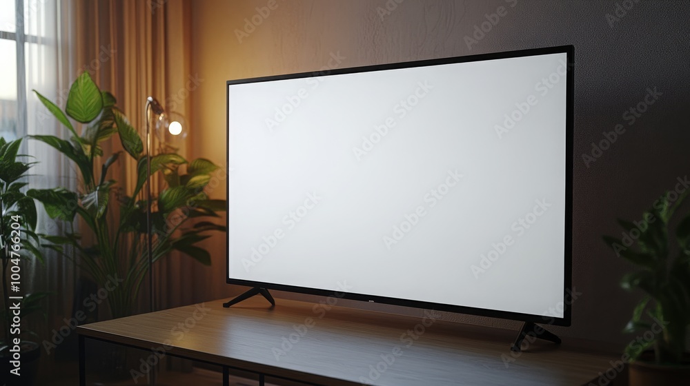 LED TV set on a table in a minimalist living room, featuring a blank screen, perfect for showcasing advertisements or content. LED TV set on a table in a minimalist living room, featuring a blank screen, perfect for showcasing advertisements or content.