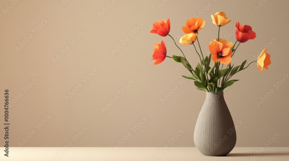 Vase with orange and yellow flowers on a beige background, minimalistic home decor concept Vase with orange and yellow flowers on a beige background, minimalistic home decor concept