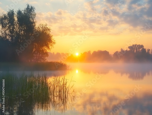 Fototapeta Naklejka Na Ścianę i Meble -  Panorama of beautiful sunrise over lake