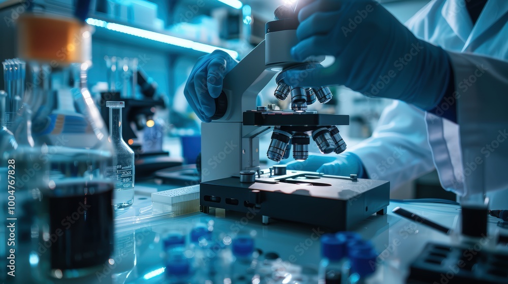 Scientist working with microscope in laboratory, science research and development concept Scientist working with microscope in laboratory, science research and development concept