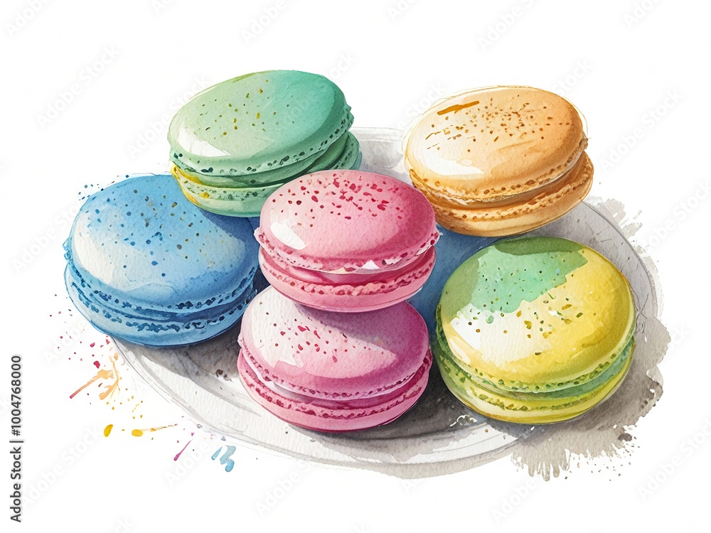 Obraz premium Set of different taste French macaron cookies. Sweet and tasty french macaroons desert. Watercolor illustration isolated on white background