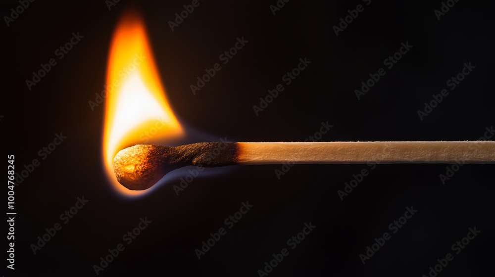 Burning matchstick with a bright flame on a black background, close-up, ignited match, fire, combustion, heat, ignition, isolated, light, combustion concept Burning matchstick with a bright flame on a black background, close-up, ignited match, fire, combustion, heat, ignition, isolated, light, combustion concept