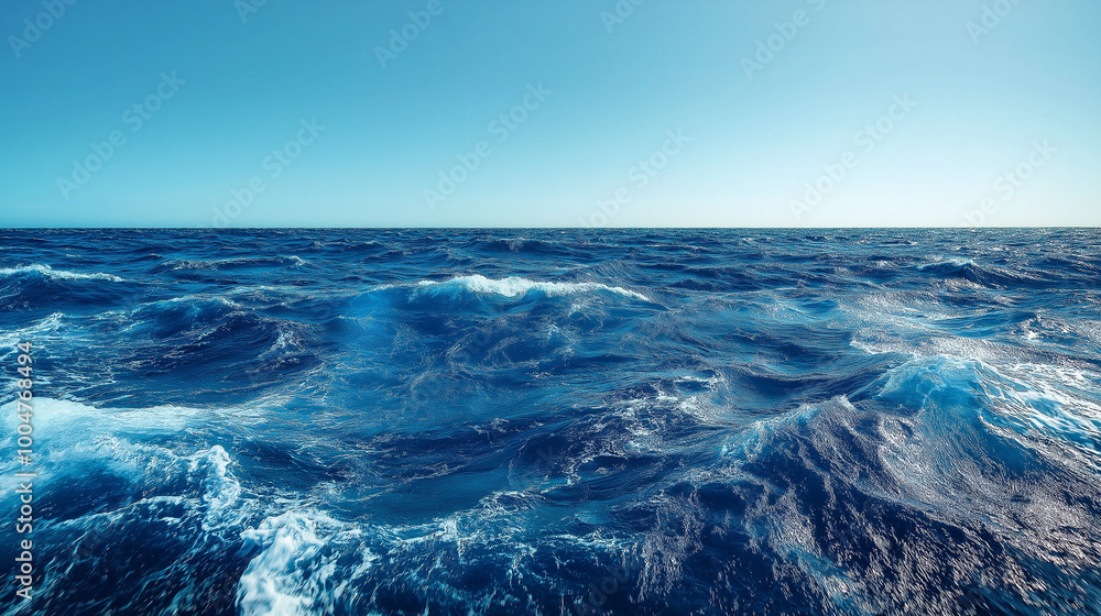 Fototapeta premium Ocean waves with intense blue tones and white foam crashing against the surface, capturing the dynamic and powerful energy of the sea, ideal for maritime themes and nature-inspired designs.