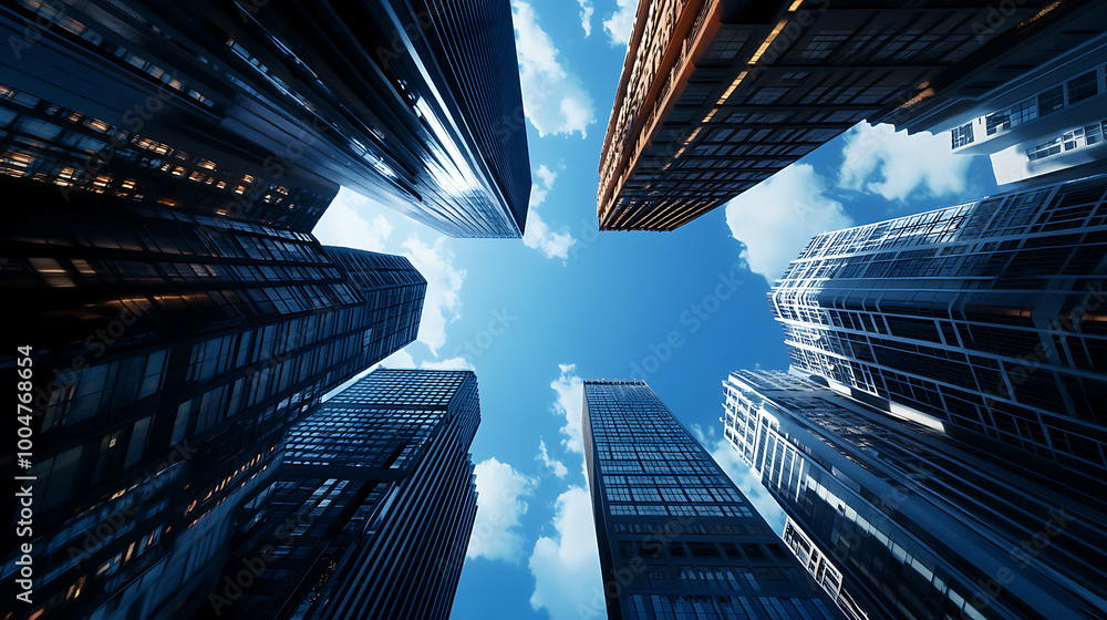 Skyscrapers reaching towards the sky, urban landscape from ground perspective. Skyscrapers reaching towards the sky, urban landscape from ground perspective.