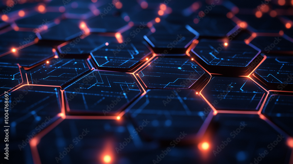 Fototapeta premium Futuristic hexagonal pattern with glowing orange lines and dark metallic textures, showcasing a high-tech digital background with intricate circuitry and illuminated edges for technology