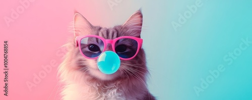 Cat wearing pink sunglasses and blowing chewing gum bubble against pastel background.