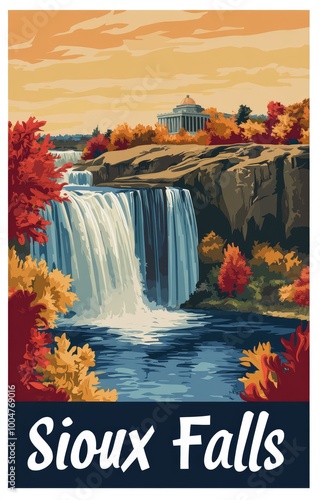 Stylized modern artwork showcasing the vibrant colors of Sioux Falls with cascading waterfalls and autumn foliage near the iconic lookout point