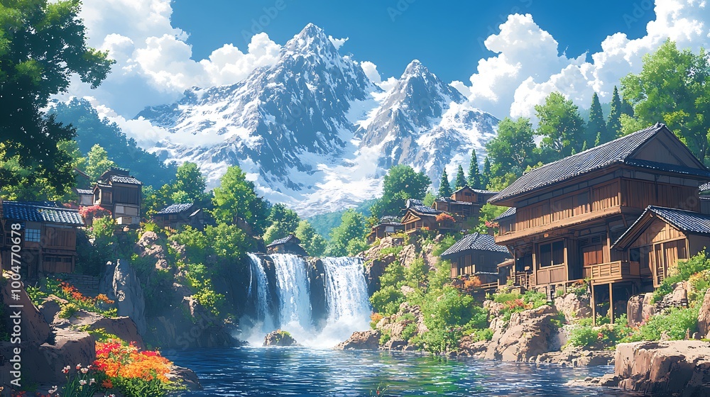 Fototapeta premium Waterfall cascading down mountainside with village buildings in the foreground. Lush forest and blue sky with clouds