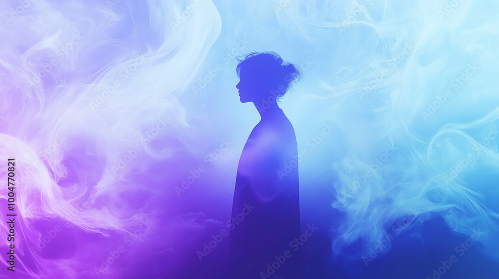 Silhouette of a figure immersed in a cloud of blue and violet smoke, creating an abstract and mystical composition, ideal for artistic and surreal designs. Silhouette of a figure immersed in a cloud of blue and violet smoke, creating an abstract and mystical composition, ideal for artistic and surreal designs.