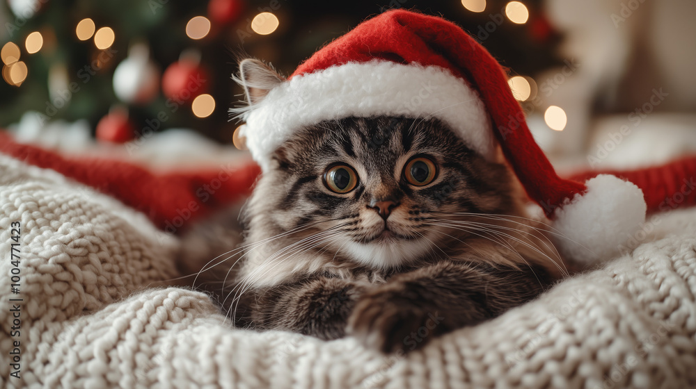 Grey long hair cat in a Santa hat sitting on a white sofa near a Christmas tree and fireplace – minimalist home with bright lighting and copy space Grey long hair cat in a Santa hat sitting on a white sofa near a Christmas tree and fireplace – minimalist home with bright lighting and copy space