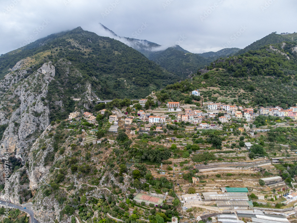 Obraz premium Colourful view on Italian Riviera and blue Mediterranean Sea from French-Italian border in Grimaldi village, Ventimiglia near San-Remo, travel destination, panoramic view