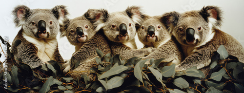 A quintet of koalas leans into one another amidst lush eucalyptus leaves, evoking tranquility and a sense of home, suitable for animal and nature lovers.