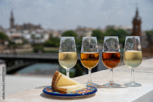 Sherry fino, manzanilla, cream wine tasting on roof of old Triana district in Sevilla with view on Sevilla houses and churches, wine glasses photo