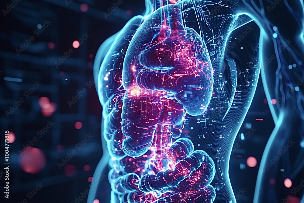 3d rendering of a human body highlighting the lungs and digestive system. This medical illustration has a technological feel with glowing lines and data 3d rendering of a human body highlighting the lungs and digestive system. This medical illustration has a technological feel with glowing lines and data