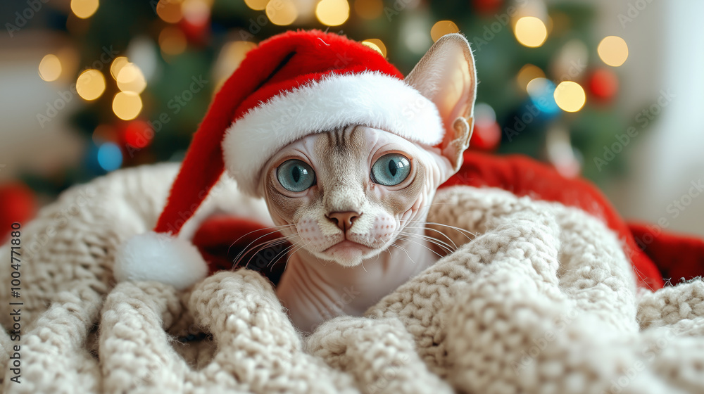Sphynx cat in a Santa hat sitting on a white sofa near a Christmas tree and fireplace – minimalist home with bright lighting and copy space Sphynx cat in a Santa hat sitting on a white sofa near a Christmas tree and fireplace – minimalist home with bright lighting and copy space
