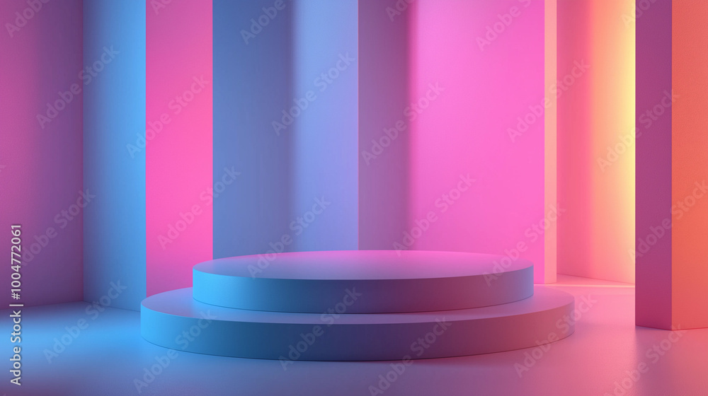 Futuristic podium with glowing neon lights in blue and pink, creating a vibrant and modern stage setting, perfect for technology, fashion, or entertainment-themed backgrounds.