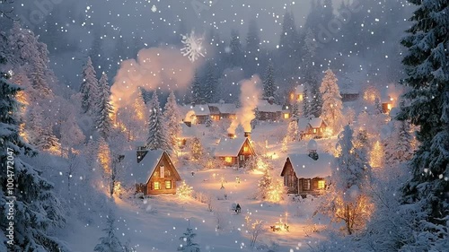Snowy Winter Village at Night Seamless Looping Background Video