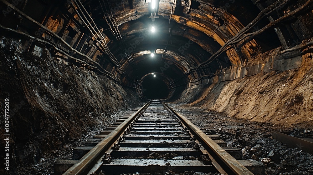 Naklejka premium Dimly lit electric lamps are illuminating a set of railroad tracks leading into a dark tunnel deep below the surface in a coal mine