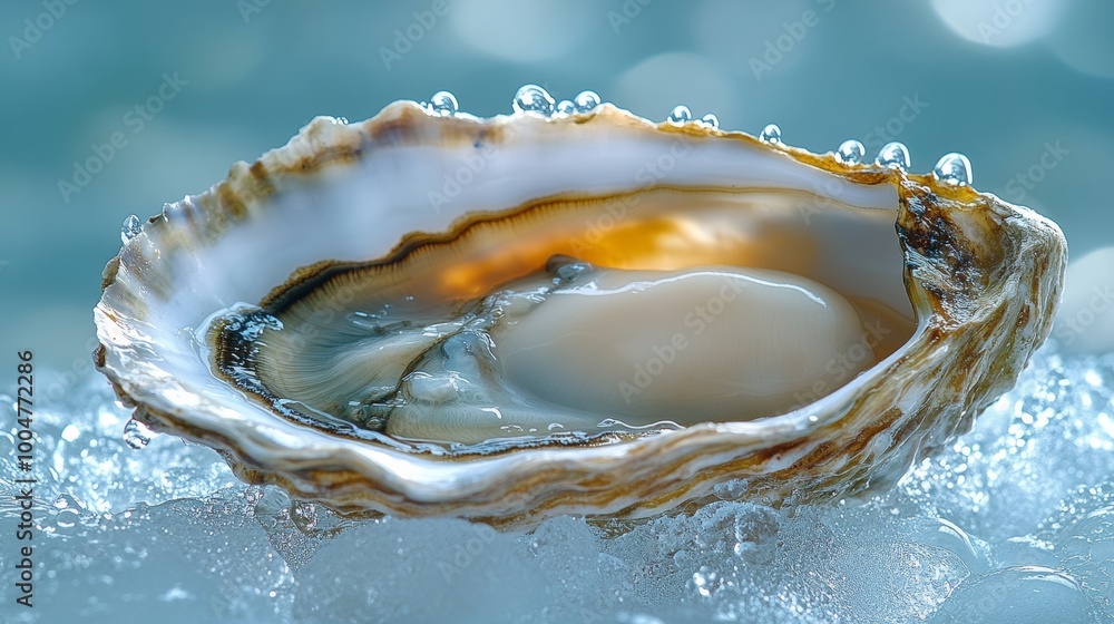 Open oyster on ice with water droplets Open oyster on ice with water droplets