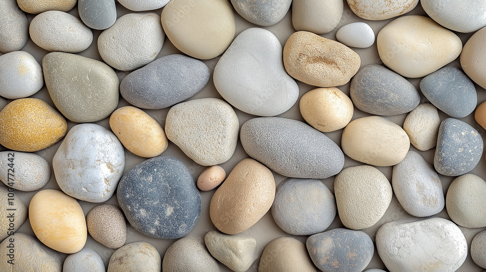 Collection of smooth stones in various shades of grey, blue, and tan, creating a natural mosaic-like background, ideal for peaceful and nature-inspired designs. Collection of smooth stones in various shades of grey, blue, and tan, creating a natural mosaic-like background, ideal for peaceful and nature-inspired designs.