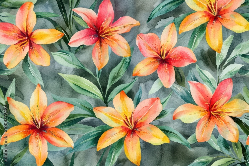 A vibrant watercolor pattern of exotic lilies, their petals in shades of red and yellow against green leaves, creating an enchanting tropical feel for fabric design Generative AI A vibrant watercolor pattern of exotic lilies, their petals in shades of red and yellow against green leaves, creating an enchanting tropical feel for fabric design Generative AI