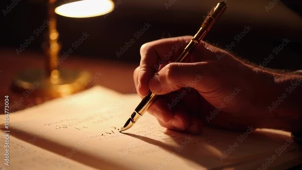 Close-up shot of a hand writing in a notebook with a fountain pen under a warm light.. AI Generation