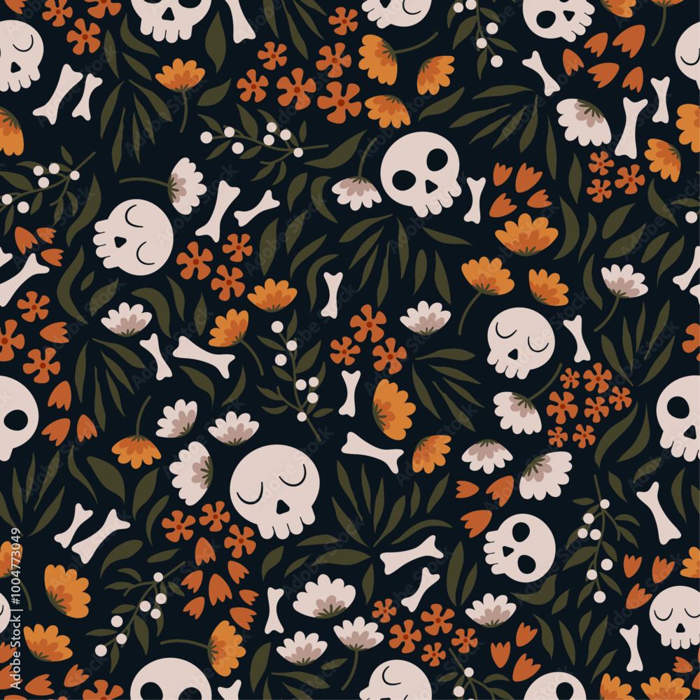Hand drawn seamless halloween pattern with cute skulls in flat style. Botanical and spooky backdrop with leaves, flowers, berries and bones. Vector doodle print for textile or paper Hand drawn seamless halloween pattern with cute skulls in flat style. Botanical and spooky backdrop with leaves, flowers, berries and bones. Vector doodle print for textile or paper