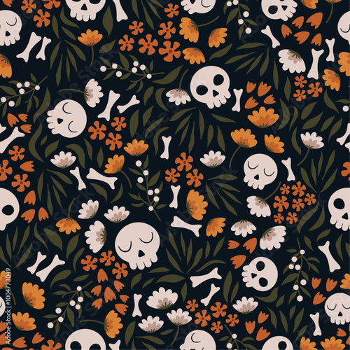 Hand drawn seamless halloween pattern with cute skulls in flat style. Botanical and spooky backdrop with leaves, flowers, berries and bones. Vector doodle print for textile or paper