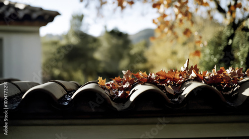 A scenic view of autumn leaves scattered on a rustic tile roof with a soft background of countryside, evoking warmth and tranquility in an autumn setting. photo