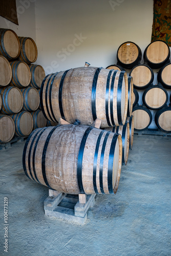 Sherry wine making process in Jerez triangle, Jerez de la Frontera, oak barrels in wine cellars, solera system of aging sherry wine, Andalusia, Spain