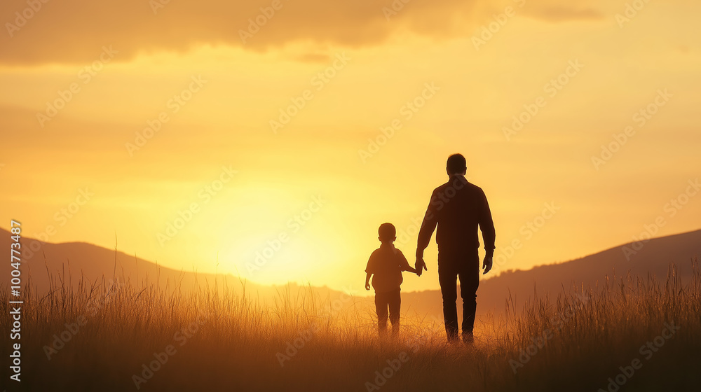 A father and child walk hand in hand towards the sunset, silhouetted against the golden sky. The image captures warmth, connection, and serenity, symbolizing the bond between generations. A father and child walk hand in hand towards the sunset, silhouetted against the golden sky. The image captures warmth, connection, and serenity, symbolizing the bond between generations.
