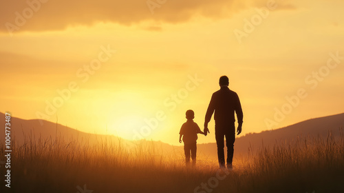 A father and child walk hand in hand towards the sunset, silhouetted against the golden sky. The image captures warmth, connection, and serenity, symbolizing the bond between generations.