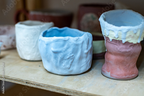 Samples of ceramic art objects and tabelware during workshop in art ceramic atelier in Poland