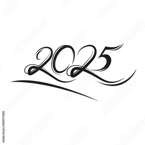 2025 year Lettering. Black on transparent background. Design element for holiday cards, Christmas or New Year party organizer headliner, banner, poster, web. 