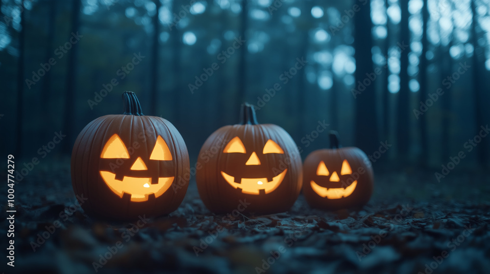 Three glowing jack-o'-lanterns sit on a forest floor, casting an eerie light in the dark woods..Lit jack-o'-lanterns in a spooky forest at dusk evoke the spirit of Halloween and mystery. Three glowing jack-o'-lanterns sit on a forest floor, casting an eerie light in the dark woods..Lit jack-o'-lanterns in a spooky forest at dusk evoke the spirit of Halloween and mystery.