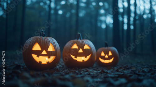 Three glowing jack-o'-lanterns sit on a forest floor, casting an eerie light in the dark woods..Lit jack-o'-lanterns in a spooky forest at dusk evoke the spirit of Halloween and mystery.