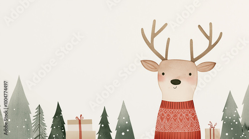 A cute reindeer in a red sweater stands in a snowy forest with gifts and trees..A festive holiday illustration of a joyful reindeer in a cozy winter setting with gifts. photo