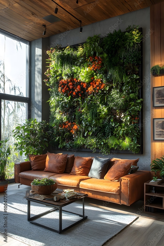 Fototapeta premium Bright living room with vertical garden wall, eco-friendly furniture made from recycled materials, vertical image