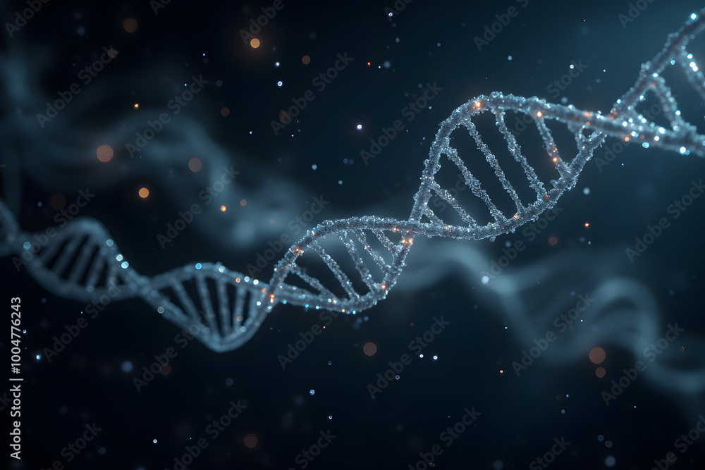 DNA spiral in silver color on a dark shimmering background DNA spiral in silver color on a dark shimmering background
