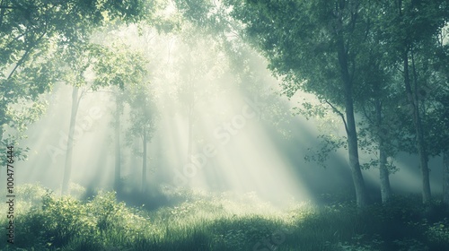 Sunbeams pierce through the canopy of a misty forest.